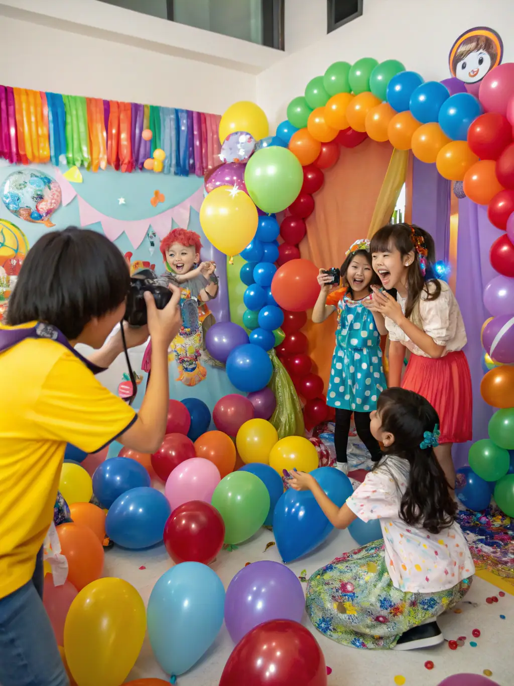 A vibrant and colorful Snapcave setup at a child's birthday party, filled with balloons, streamers, and happy children taking photos.